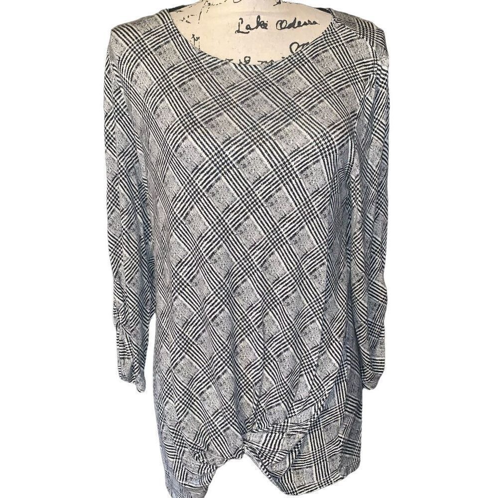 Como Blu Womens Glen Plaid Twist Front Knit‎ Top Black White Gray CS9370STK M